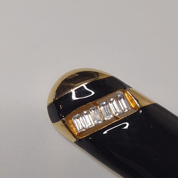 Black And Gold Tone Oval Brooch With Clear Rhinestones - Picture 7 of 14